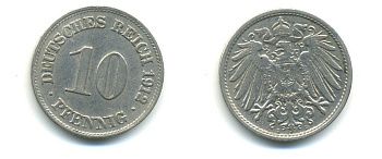 ГЕРМАНИЯ 10 ПФЕННИГОВ 1912 D KM 12, J. 13 медно-никель 4379-859