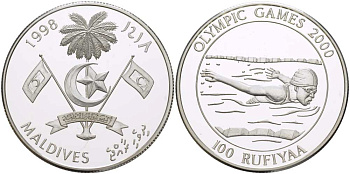 Мальдивские острова 100 руфий 1998 Олимпийские игры в Сиднее 2000 года, плавание KM 98 серебро PROOF 00-00