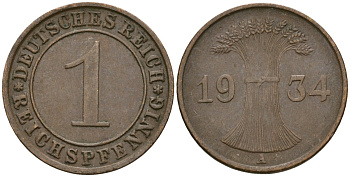 Германия 1 рейхспфенниг 1934 A KM 37, J. 313 бронза 4189-1238
