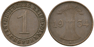 Германия 1 рейхспфенниг 1934 A KM 37, J. 313 бронза 4189-1238