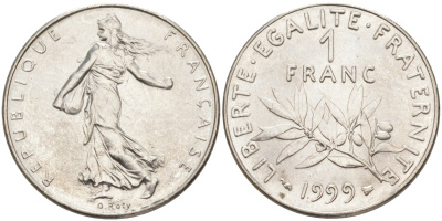 Франция 1 франк 1999 сеятель KM 925.1, Le Frank 226.47 никель 4519-336