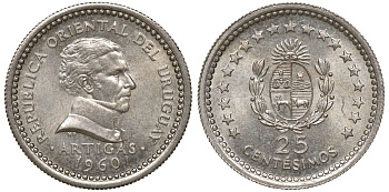Уругвай 25 сентесимо 1960 KM 40 медно-никель 4169-924