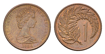 Новая Зеландия 1 цент 1984 Елизавета II (1952-2022), лист папоротника KM 31.1 бронза 4655-233
