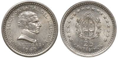 Уругвай 25 сентесимо 1960 KM 40 медно-никель 4169-924