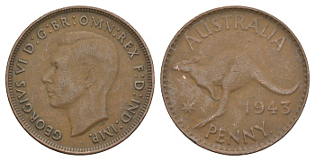 Австралия 1 пенни 1943 . , Георг VI (1936-1952), кенгуру KM 36 бронза 88-1114