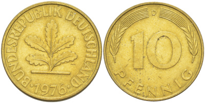 ФРГ 10 ПФЕННИГОВ 1976 D KM 108, J. 383 сталь плакированная латунью 4182-845