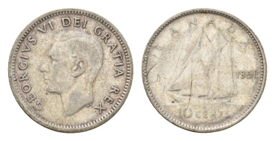 Канада 10 центов 1951 Георг VI (1936-1952), парусник KM 43 серебро 99-712