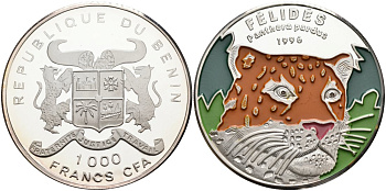 Бенин 1000 франков 1996 леопард, цветная эмаль KM 19 серебро PROOF 01-076-35