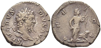 Римская Империя денарий 207 Септимий Север, SEVERVS PIVS AVG, бюст императора / AFRICA, персонификация провинции Африка, Рим, 3,34 гр (rare) RIC 253 серебро 1073-18-91