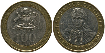 Чили 100 песо 2014 So KM 236, Schon 84 биметалл 4544-244