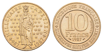 Франция 10 франков 1987 Тысячелетие династии Капетингов KM 961 никель латунь UNC 08-815