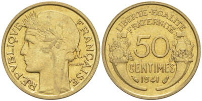 ФРАНЦИЯ 50 САНТИМОВ 1941 ТИП MORLON KM 894.1, LE FRANC 192.18 алюминиевая бронза 44-452