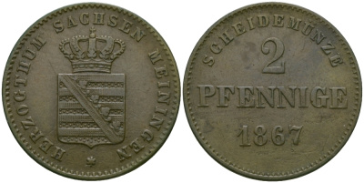 Саксен-Мейнинген 2 пфеннига 1867 Георг II (1866-1914) KM 174 медь 99-651
