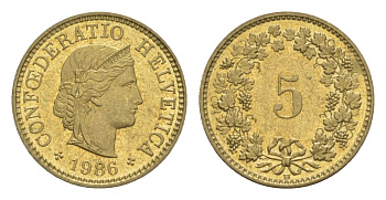 Швейцария 5 раппенов 1986 KM 26c алюминиевая бронза UNC 4632-458