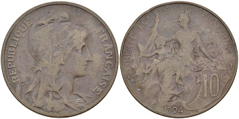 ФРАНЦИЯ 10 САНТИМОВ 1904 ТИП ДАНИЭЛЬ ДЮПЮИ KM 843, LA FRANC 136.14 бронза 4183-1215