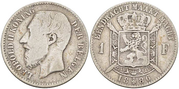 БЕЛЬГИЯ 1 ФРАНК 1886 ЛЕОПОЛЬД II (1865-1909), BELGEN, РАЗНОВИДНОСТЬ С ТОЧКОЙ В ПОДПИСИ KM 29.1 серебро 4514-626