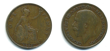 Великобритания 1 пенни 1920 Георг V (1910-1936) KM 810, Spink 4051 бронза 37-1227