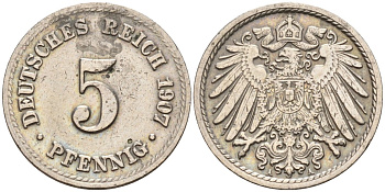 Германия 5 пфеннигов 1907 F KM 11, J. 12 медно-никель 4151-463
