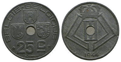 БЕЛЬГИЯ 25 САНТИМОВ 1944 BELGIE-BELGIQUE, ГЕРМАНСКАЯ ОККУПАЦИЯ, ВТОРАЯ МИРОВАЯ ВОЙНА KM 132 цинк 4384-111