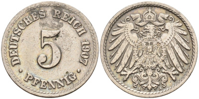 Германия 5 пфеннигов 1907 F KM 11, J. 12 медно-никель 4151-463