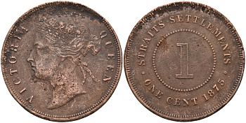 Стрейтс-Сетлментс 1 цент 1875 Виктория (1837-1901), Ост-Индская компания KM 9 медь 4590-421