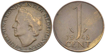 НИДЕРЛАНДЫ 1 ЦЕНТ 1948 ВИЛЬГЕЛЬМИНА (1890-1948) KM 107 бронза 214-1018