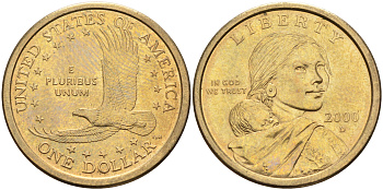 США 1 доллар 2000 Р, индианка Сакагавея KM 310 медь с марганцево-латунным покрытием 63-1141