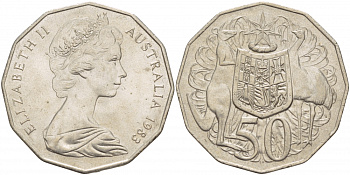 Австралия 50 центов 1983 Елизавета II (1952-2022), герб, кенгуру KM 68 медно-никель 29-115