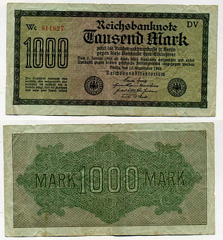 ГЕРМАНИЯ 1000 МАРОК 1922 15 СЕНТЯБРЯ 1922, ВОДЯНОЙ ЗНАК J, ЗЕЛЁНАЯ БУМАГА Pick 76g бумага 8589-56-3-2