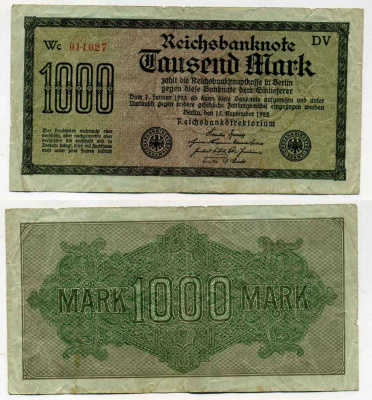 ГЕРМАНИЯ 1000 МАРОК 1922 15 СЕНТЯБРЯ 1922, ВОДЯНОЙ ЗНАК J, ЗЕЛЁНАЯ БУМАГА Pick 76g бумага 8589-56-3-2