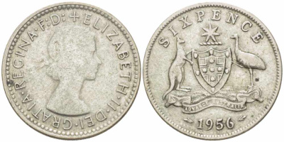 Австралия 6 пенсов 1956 Елизавета II (1952-2022) KM 58 серебро 105-718