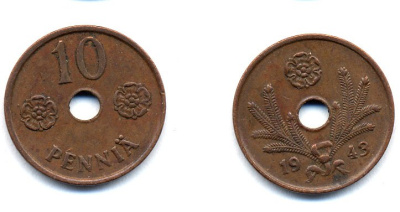 ФИНЛЯНДИЯ 10 ПЕННИ 1943 KM 33.1 медь 51-5027