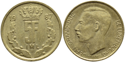 ЛЮКСЕМБУРГ 5 ФРАНКОВ 1987 БОЛЬШАЯ КОРОНА KM 60.2 латунь 4397-514