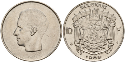 Бельгия 10 франков 1969 Belgique, Бодуэн I (1951-1993) KM 155.1 никель  4187-437