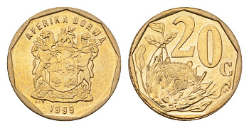 ЮАР 20 центов 1999 герб, цветок протея KM 162 сталь плакированная латунью UNC 4694-867