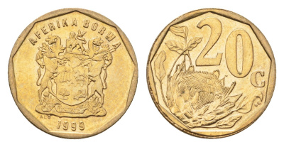 ЮАР 20 центов 1999 герб, цветок протея KM 162 сталь плакированная латунью UNC 4694-867