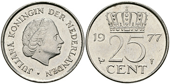 Нидерланды 25 центов 1977 Юлиана (1948-1980) KM 183 никель 96-247