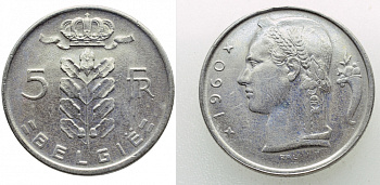 Бельгия 5 франков 1960 Belgie, Бодуэн I (1951-1993) KM 135.1 медно-никель 3999-852