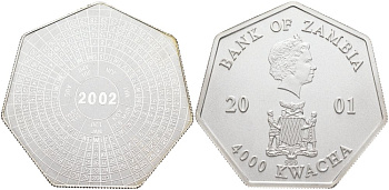 Замбия 4000 квача 2001 календарь, семиугольная KM 175 серебро PROOF 11-167-22