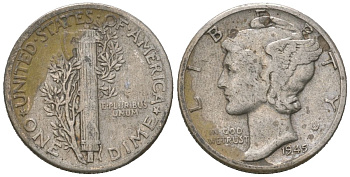 США 10 центов (дайм) 1945 KM 140 серебро 3309-727