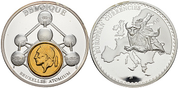 Нидерланды медаль 1993 серия европейские доевровые монеты, 54 гр., 50 мм.,с сертификатом, Бельгия, Брюссель, модель атома  серебрение  PROOF  06-026-22
