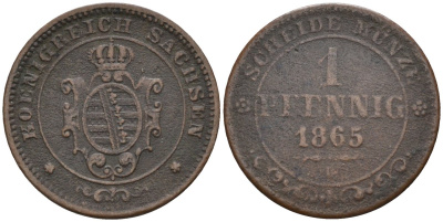 Саксония 1 пфенниг 1865 В, Johann (1854-1873) KM 1216, AKS 155, Jaeger 121 медь 4585-732