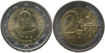 Словакия 2 евро 2009 20 лет Бархатной Революции, колокол KM 107 биметалл UNC 4551-444