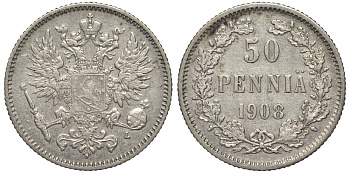 Россия для Финляндии 50 пенни 1908 L, Николай II (1894-1917) КМ 2.2, Биткин 403 серебро 75-831