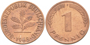ФРГ 1 ПФЕННИГ 1968 F KM 105, J.380 сталь плакированная медью 3718-215