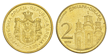 Сербия 2 динара 2019 KM 55 сталь плакированная латунью UNC 4649-115