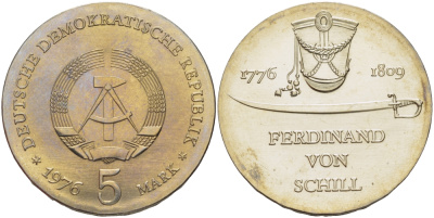 ГДР 5 марок 1976 А, 200 лет со дня рождения Фердинанд фон Шилль (1776-1809), герой войн с Наполеоном КМ 60 медно-никель UNC 82-1123