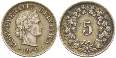 ШВЕЙЦАРИЯ 5 РАППЕНОВ 1922 В KM 26 медно-никель 3955-1253