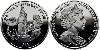 Британские Виргинские острова 10 долларов 2014 в память героев первой мировой войны, памятник KM NEW серебро  PROOF  1071-1-11