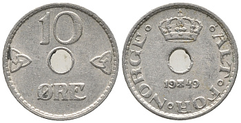 НОРВЕГИЯ 10 ЭРЕ 1949 ХОКОН VII (1905-1957) KM 383 медно-никель 100-1169